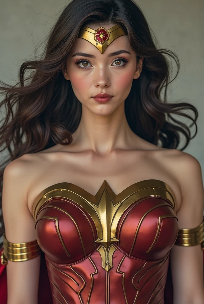 hermosa wonderwoman, Attracting the viewer , loose brown hair, shy smile, neckline, tight red dress, symmetrical, hourglass figure, extremely beautiful woman, greek goddess, seductive, Blue eyes, Delicious red lips, White skin, Very detailed face, looking at the viewer, 8k powerful magic