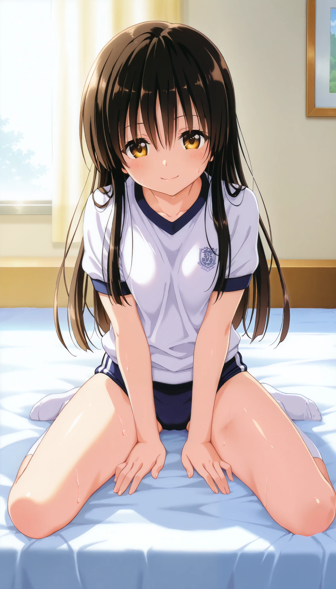 masterpiece, score_9, score_8_up , score_7_up , anime, pinup , masterpiece, BEST QUALITY, yabuki , high resolution, 1 girl, light skin, petite, , bedroom, school gym uniform, navy buruma, sweat, shiny skin, shiny cloth, full body, spread legs, sitting, smile, Kotegawa yui, long hair,black hair,sidelocks,hair between eyes,bangs,brown eyes