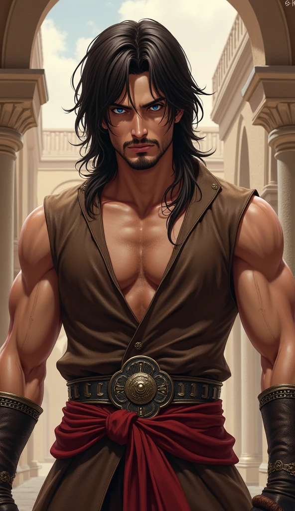 (((Solo character image.))) (((Generate a single character image.)))  (((Dressed in medieval fantasy attire.))) (((Very sexy facial expression.))) (((She is considered very sexually attractive.))) Epic male fantasy character.  (((He has legendary sex appeal.))) Sexy male fantasy character.  Physique like a male warrior.  Sexy smirk.  This is a dashing male adventurer in a high fantasy setting.  Long blond hair.  Tight pants.  Open vest.  Swashbuckler fashion.  He is attractive to women and has all the attributes that make him a heartthrob. (1boy, one male) (male focus) ((front view)) (full body),  ((muscular male, bodybuilder)), (large pectorals) (big pecs), (hairy), (chest hair, abdomen hair), thick epic, heroic, tanned, perfect face, (detailed facial features), long hair, sexy smile, outdoor setting, highly detailed, volumetric light, artstation, 