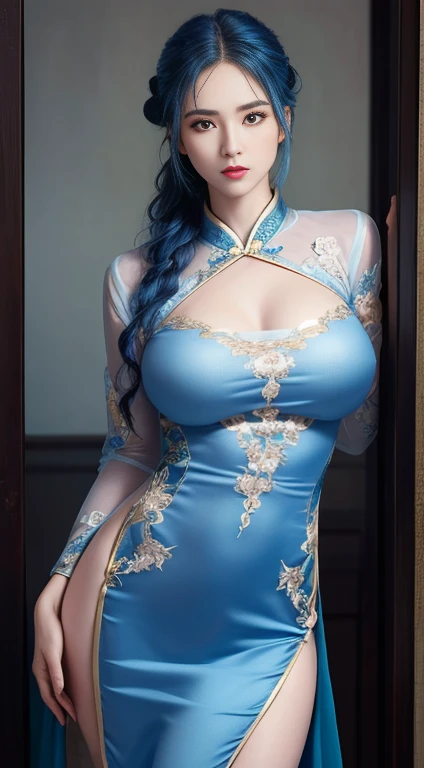 (Hyperrealistic), (illustration), (high resolution), (8K), (Extremely detailed), (Best Illustration), (Beautiful detailed eyes), (Best quality), (Ultra-detailed), (Masterpiece), (the wallpaper), (Photorealistic), (Natural light), (rim lit), (Detailed face), (Highly detailed realistic skin textures), (Anatomically correct), (Solo), (1 girl), (high detailed realistic hair), (Blue hair:1.2), spiked hair, (Heterochromic eyes), (detailed green eyes), (Small moles under the eyes), (Realistic big breasts:1.5), (Exposed breasts:1.3), (Long legs), (Slender abs), (Dynamic pose), (Closed mouth:1.3), (traditional Hanfu attire), (Sheer clothes:1.5), NSFW,nakeness,Bare lower body,Bare breasts,Camel toes,比基尼