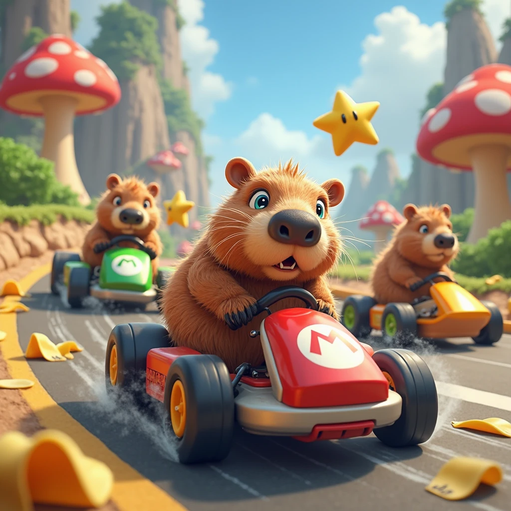 Capybara Racing A group of capybaras are racing in a Mario Kart-style kart. Front view ...