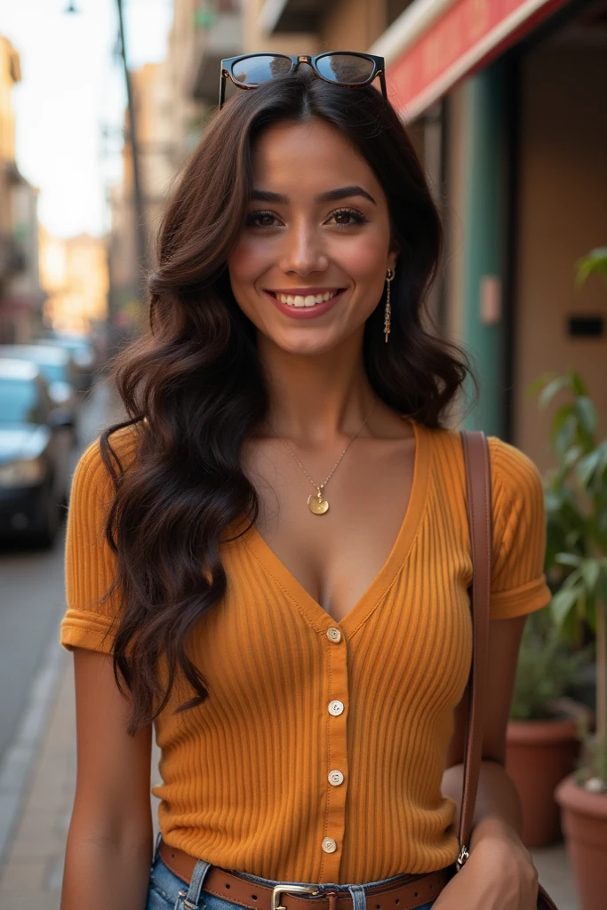 her name is Valentina, high quality, 1girl, ((20-year-old fit Latina woman)), ((20 years old)), ((Big tits)), long curly hair, pose: standing, wearing modest stylish fashionable Generation-Z modern wear different colored, she is happy, laughing, exuberant BACKGROUND: outdoor, in front of a cafe