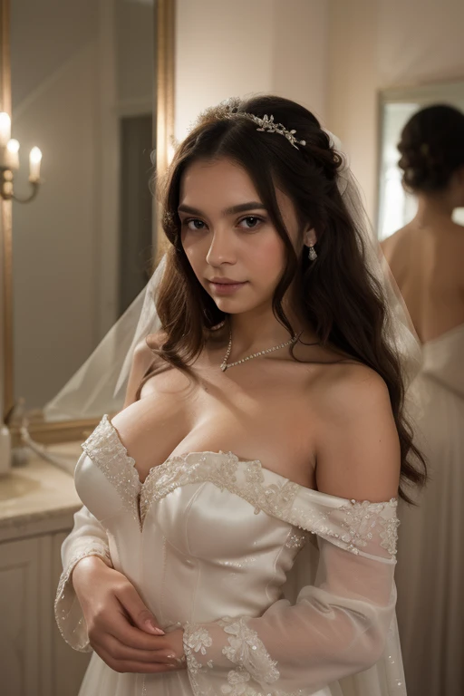 A sultry photoshoot with a brunette influencer. Wearing strapless wedding dress, Shy, exuding charisma and style. F-Cup. Slim fit body. Dangling diamond Earrings. Party, diamond necklace, cleavages, heavy makeup, lipsticks, eye shadow, bracelets, tiara, veil