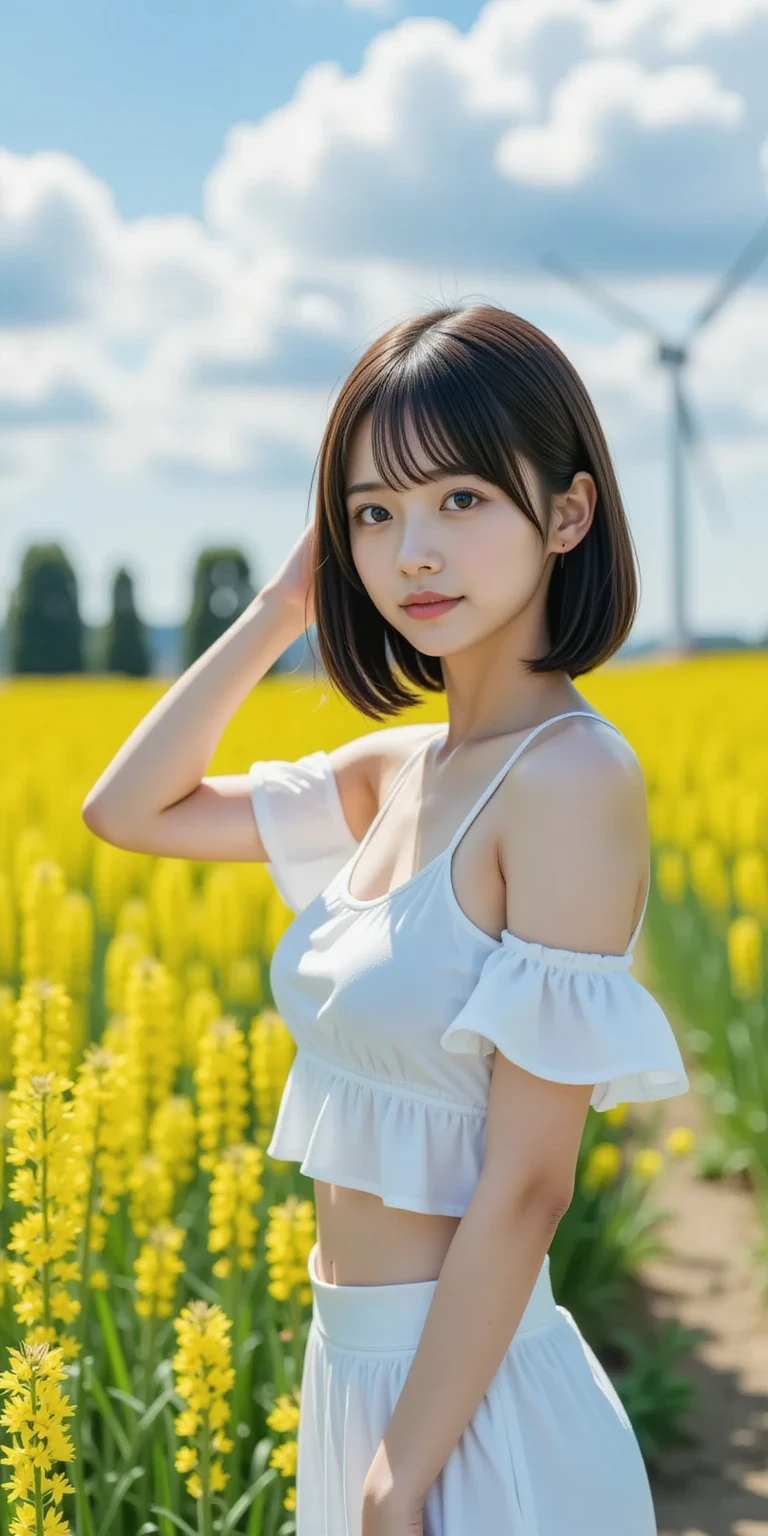 of the highest quality, Realistic, Perfect human body structure, Very detailed, Very delicate and beautiful, Raw photography, Wildflowers and enchanting meadows, Professional Lighting, Luminescent, depth of fields, Single focal length, ((Full body)), Smile, Brown hair, small head, Big breasts, Baby face, Beautiful eyes, Real Face, Realistic skin, Detailed eyes, (Fashionable hairstyle: 1.3), bangs, hposing Gravure Idol, absurderes、incredibly absurd res、Extremely fine,