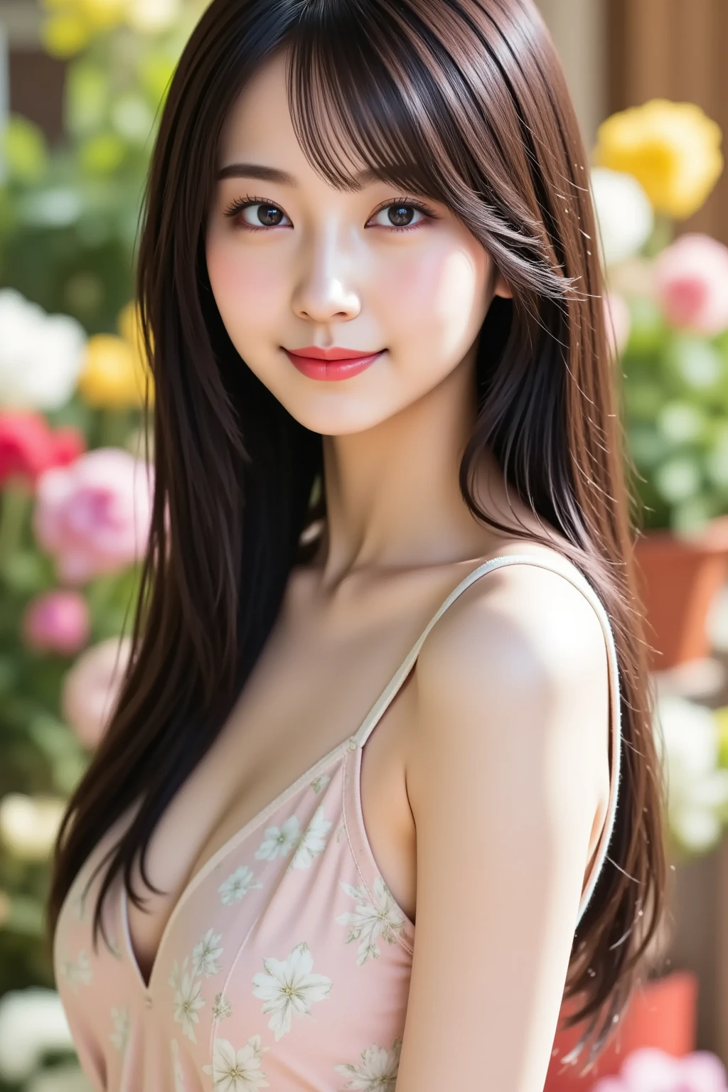 masterpiece, Best Quality, Photorealistic, Ultra-detailed, finely detailed, High resolution, 8K Wallpaper, 1 beautiful woman, light brown messy hair, foco nítido, Perfect dynamic composition, Beautiful detailed eyes, detailed hairs, Detailed realistic skin texture, Smiling, Portrait, Model body type, Take a walk in the park with cherry blossoms,