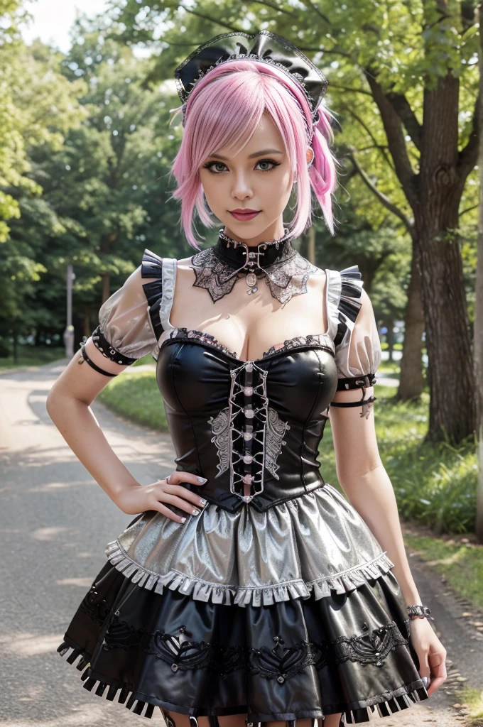 sexy stylish Swedish model, only 1 female, ((doll-like appearance)), short neon pink stylish hair, ((shiny Punk-Style boots)), (beautiful smile), ultra detailed eyes, Punk makeup, lipgloss, ((sexy Punk Lolita cosplay)), unconventional skirt, petticoats, high neckline, ((ultra detailed lace)), ((ultra detailed embroidery)), intricate details, tartan patterns, (silver chains), (silver spikes), (safety pins), Punk Lolita accessoires, Punk Lolita choker, ((large sparkling Punk Lolita jewelry)), cinematic light, detailed large park background with trees