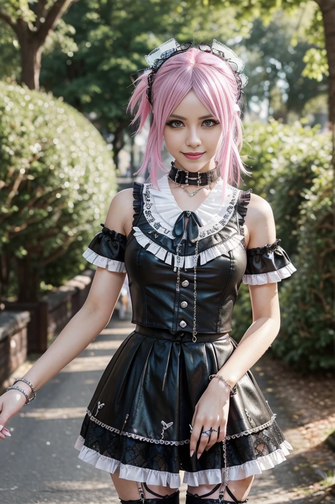 sexy stylish Swedish model, only 1 female, ((doll-like appearance)), short neon pink stylish hair, ((shiny Punk-Style boots)), (smiling face), ultra detailed eyes, Punk makeup, lipgloss, ((sexy Punk Lolita cosplay)), unconventional skirt, petticoats, high neckline, ((ultra detailed lace)), ((ultra detailed embroidery)), intricate details, tartan patterns, safety pins, Punk Lolita accessoires, Punk Lolita choker, ((large sparkling Punk Lolita jewelry)), cinematic light, detailed large park background with trees