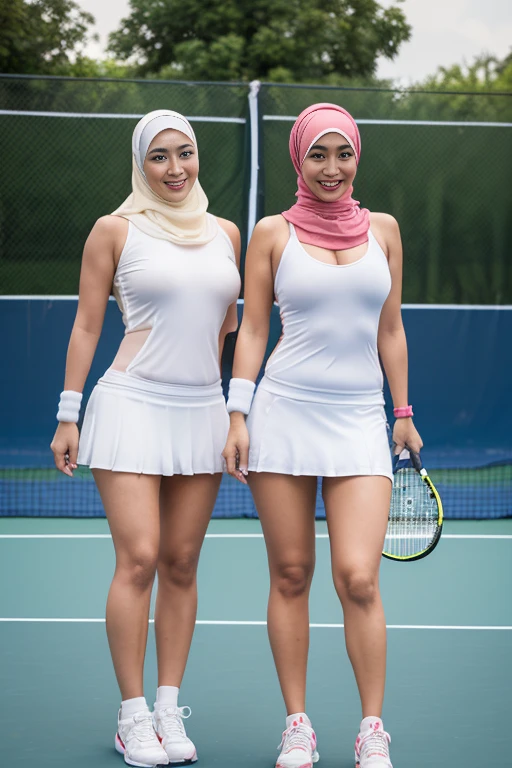 Beautiful girl, Malay, white sliveless, badminton racket, hijab, white mini skirt, long sexy legs, badminton court,