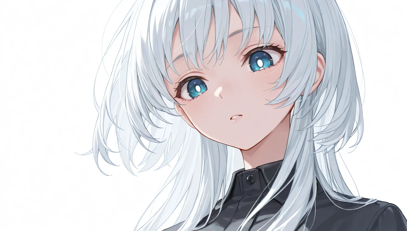 best quality,hyper-detailed,1girl,solo,eyes look down,Dynamic view,Kuchinashi Yume,Straight cut,white hair,blue eyes,white pupils,standing,white background,
