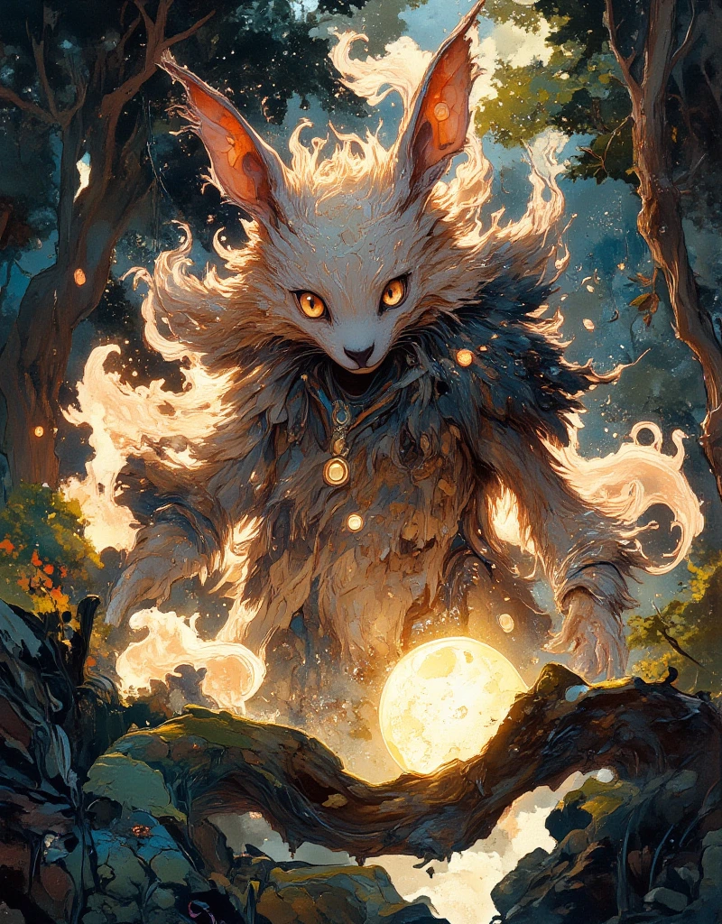 In the middle of the movement, close-up, this creature is worth looking at, a fantastically mythical familiar, its fur is a soft, cloud-like substance that seems to shimmer in the sun, each strand of fur has its own shade of graphite brown, creating a mosaic of texture and depth, the animal's eyes are large and expressive, deep amber hue, with luminous luminescent veins that seem to hold the secrets of the forest, his nose, dark and moist, twitches as he sniffs the air, absorbing the surrounding smells., large, thin, sensitive ears are turned towards danger, blue veins are visible in the light, thick silver vibrations form a luminous halo when it moves, its fur gently sways, creating a light breeze that simultaneously soothes and invigorates, in general, this animal radiates mystery and charm, attracting you with its fluffy, wild beauty, dynamic motion shot of a forest mythical beast, low viewing angle, Dutch pose, accent light, falling from the front and back, digital stylized art, surrealism and hyper detail, attention to the smallest fine details, 
