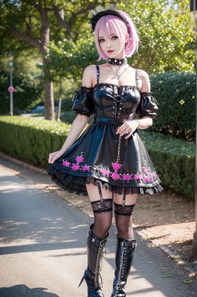 sexy stylish Swedish model, only 1 female, ((doll-like appearance)), short neon pink stylish hair, ((shiny Punk-Style boots)), (beautiful smile), ultra detailed eyes, detailed makeup, lipgloss, ((sexy Punk Lolita cosplay)), unconventional skirt, petticoats, high neckline, ((ultra detailed lace)), ((ultra detailed embroidery)), intricate details, tartan patterns, (silver chains), (silver spikes), (safety pins), Punk Lolita accessoires, Punk Lolita choker, ((large sparkling Punk Lolita jewelry)), cinematic light, detailed large park background with trees