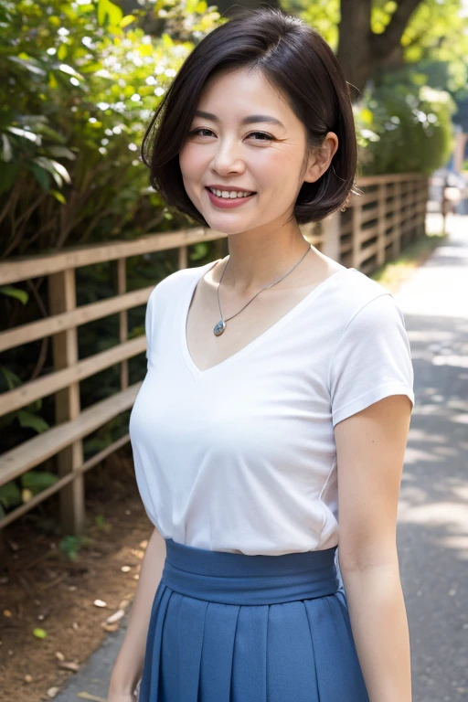 Standing in the park, Wrinkles around the eyes, Smiling with teeth showing, Plain short-sleeved clothing, senior citizen, Draw lips correctly, Red lipstick, No discomfort, 16K, Highest quality, Very detailed, Realistic, Very detailed肌, (Japanese), (alone), 60 years old, Large Breasts, , Glamour, sexy, Chromo White Skin, Staring straight ahead, Big Tits, Big Breasts