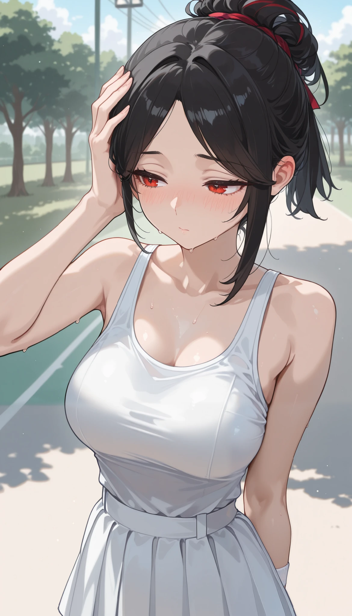 (top quality without window), ( more), ( best picture ), (masterpiece), detail line art, anime style, vivid color, beautiful and sexy Anglo-Saxon adult women,  sharp jawline ,  perfect body ratio, Very small head, very small face, IDEAL PROFIT BODY PROFIT, Perfect body, perfect style, Perfect balance, delicate facial features, BEAUTIFUL AND DETAILED WOMAN,  VERY DETAILED eyes and face , (bright red eyes), realistic beautiful face, realistic beautiful eyes, slender, (((short tied-hairstyle, only black hair, No bangs ))), Medium chest , (Outdoor, A quiet park), (gray nashi , white tennis skirt,  white socks ), embarrassed, blush. facepalm. upper body.