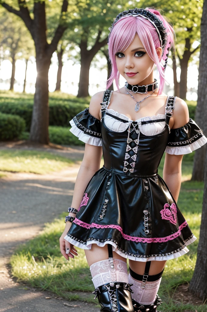sexy stylish Swedish model, only 1 female, ((doll-like appearance)), short neon pink stylish hair, ((shiny Punk-Style boots)), (beautiful smile), ultra detailed eyes, Punk makeup, lip-gloss, ((sexy Punk Lolita cosplay)), unconventional skirt, petticoats, high neckline, ((ultra detailed lace)), ((ultra detailed embroidery)), intricate details, tartan patterns, Punk Lolita accessoires, Punk Lolita choker, ((large sparkling Punk Lolita jewelry)), cinematic light, detailed sunny large park background with trees