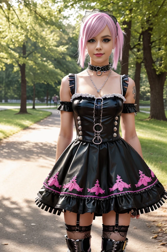 sexy stylish Swedish model, only 1 female, ((doll-like appearance)), very short neon pink stylish hair, ((shiny Punk-Style boots)), (big smile), ultra detailed eyes, Punk makeup, lipgloss, ((sexy Punk Lolita cosplay)), unconventional skirt, petticoats, high neckline, ((ultra detailed lace)), ((ultra detailed embroidery)), intricate details, tartan patterns, (silver chains), (silver spikes), (safety pins), Punk Lolita accessoires, Punk Lolita choker, ((large sparkling Punk Lolita jewelry)), cinematic light, detailed large park background with trees