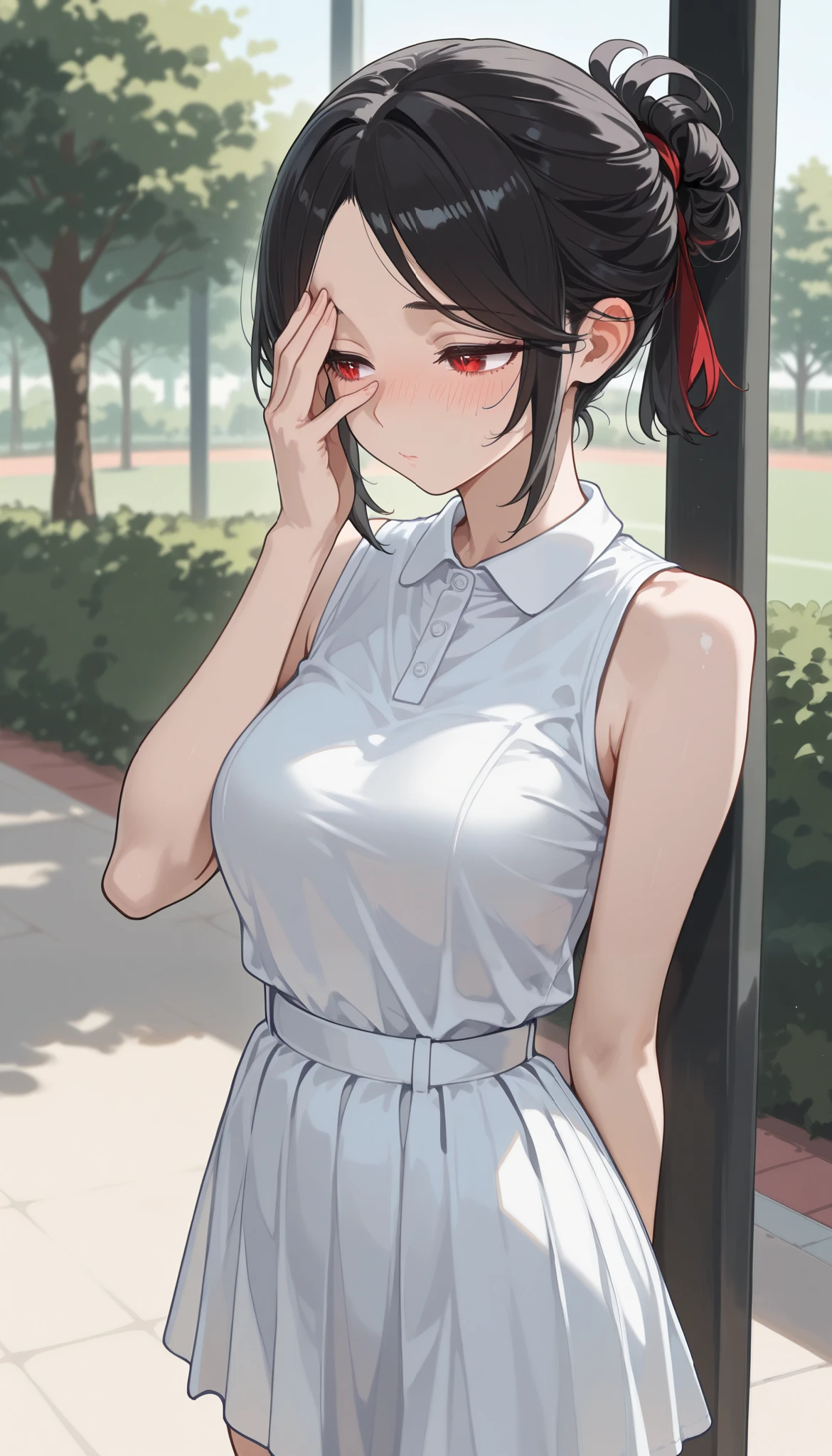 (top quality without window), ( more), ( best picture ), (masterpiece), detail line art, anime style, vivid color, beautiful and sexy Anglo-Saxon adult women, sharp jawline , perfect body ratio, Very small head, very small face, IDEAL PROFIT BODY PROFIT, Perfect body, perfect style, Perfect balance, delicate facial features, BEAUTIFUL AND DETAILED WOMAN, VERY DETAILED eyes and face , (bright red eyes), realistic beautiful face, realistic beautiful eyes, slender, (((short tied-hairstyle, only black hair, No bangs ))), Medium big chest , (Outdoor, A quiet park), (gray nashi , white tennis skirt, white socks ), embarrassed, blush. facepalm. upper body.