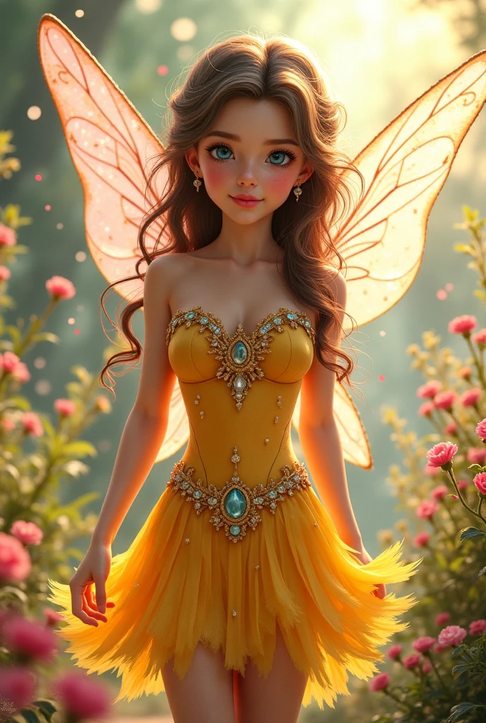 Fairy with black hair and brown eyes wearing a white short dress, the Winx Club mold