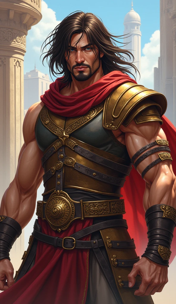 Man, male, hispanic, latino, handsome, slim, robotic right arm, dark brown hair, long hair, haur in a bun, scar across left eye, barbarian, medieval, jetstream sam, cocky, smiling, fully clothed, anime, facial hair.
