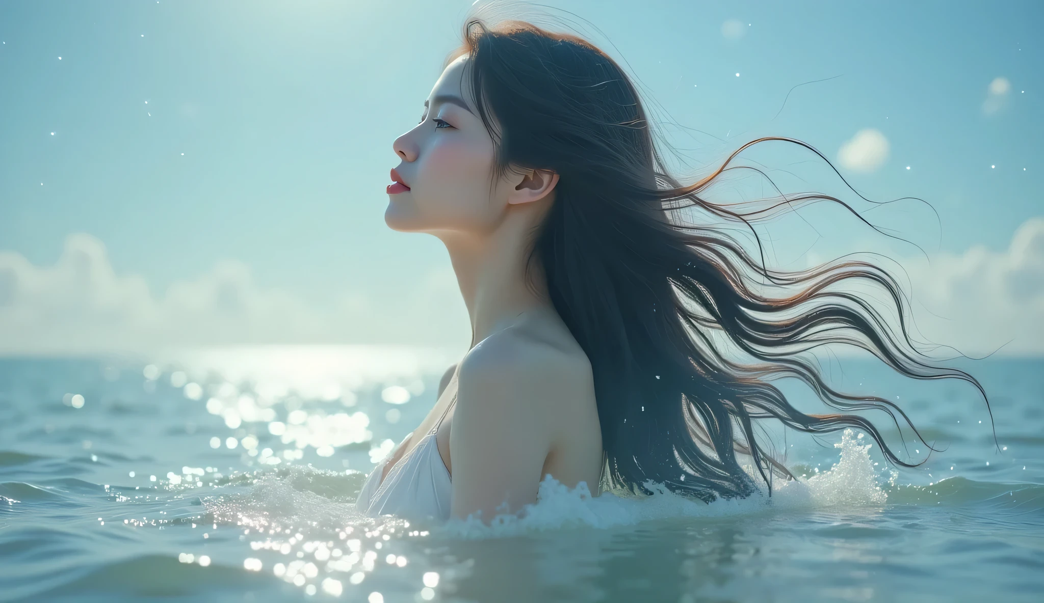 in hazy water mist,vaguely about a woman's silhouette,transparent texture,Seems to be real,delicate and round,Smear,A sense of haze,Extremely fine drops of water fluttered all over the long hair,faint illusory light blue starry sky background, seaside beach background ,translucent shooting,soft light,Consciousness expression,four-dimensional sense of space, data stream ,Fantasy,myth