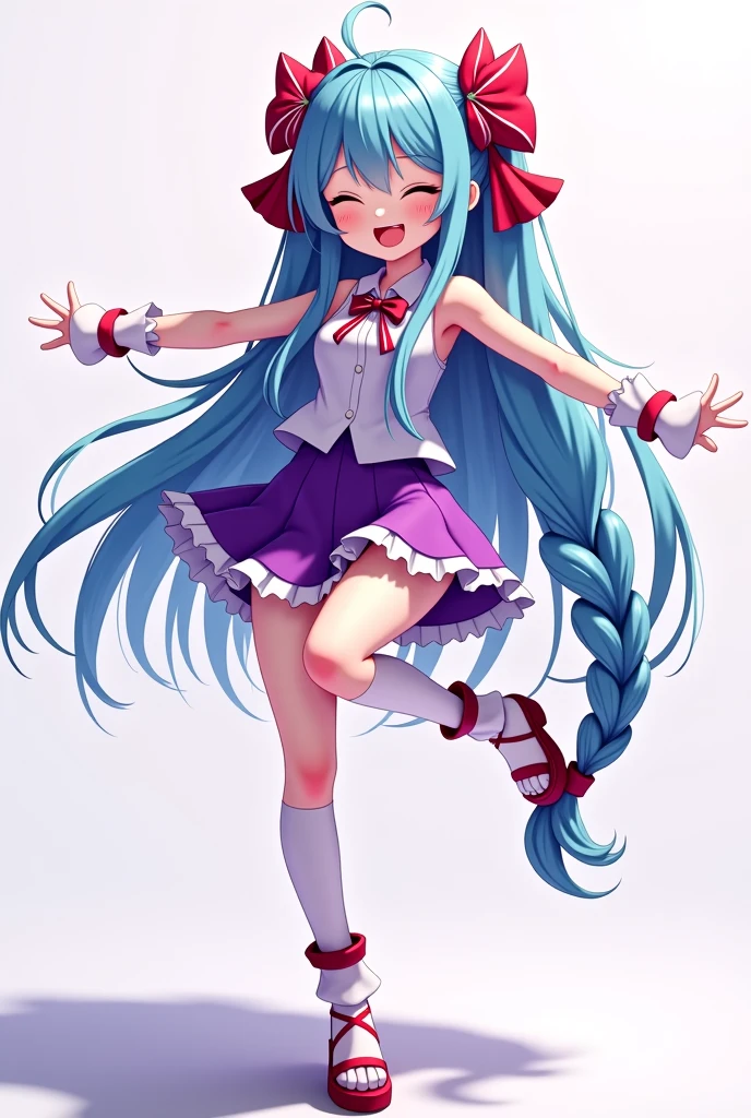 (masterpiece, best quality), intricate details, 8k, sharp focus, (bokeh) (best quality) (detailed skin:1.3) (intricate details) (8k) (detailed eyes) (anime) (perfect face) light blue hair, purple eyes, happy, very long hair, straight hair, dynamic pose, busty, energetic, fun, circus, colourful, clown, bright, excited, full body, dress, striped stockings, hat