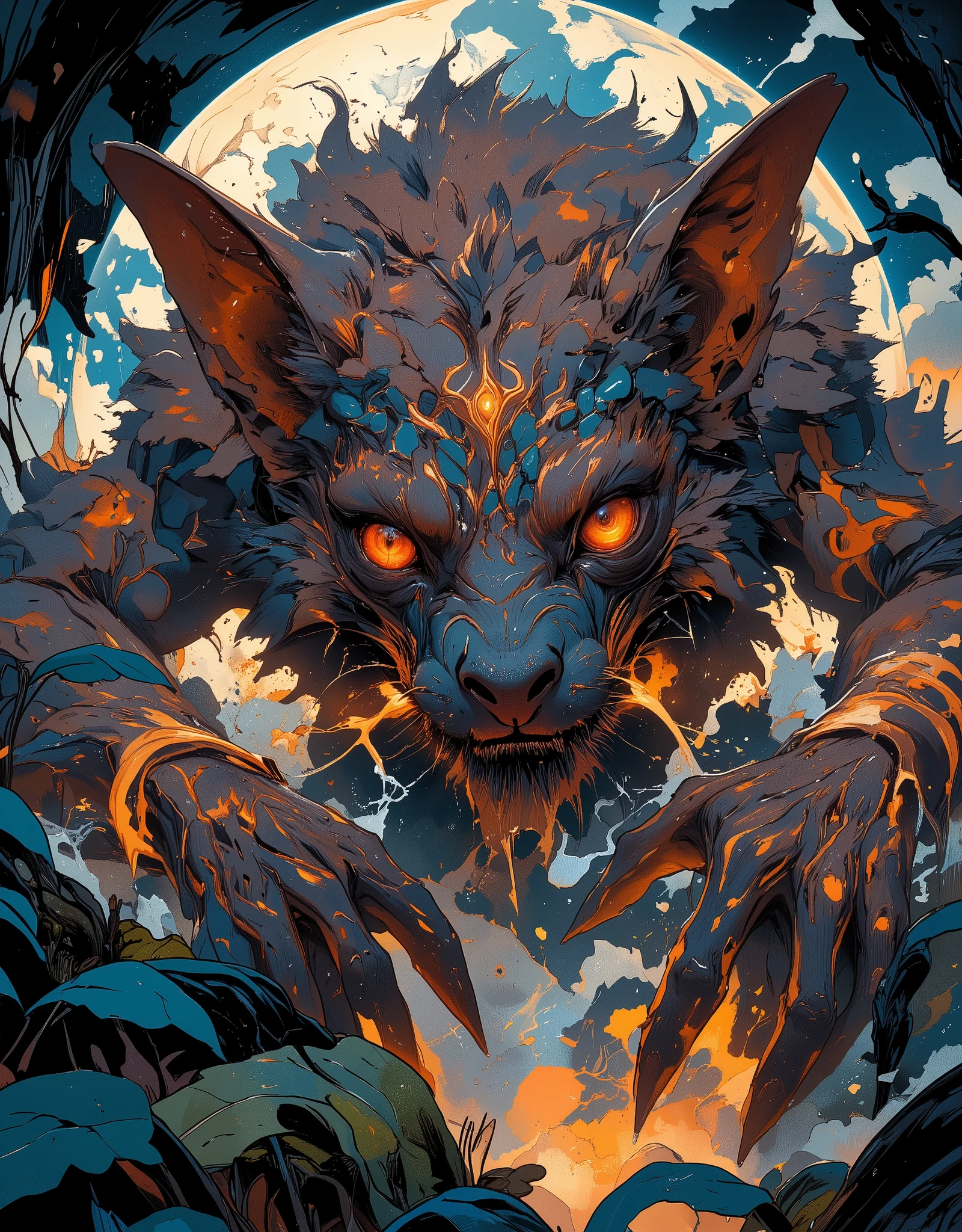 In the middle of the movement, close-up, this creature is worth looking at, a fantastically mythical familiar, its fur is a soft, cloud-like substance that seems to shimmer in the sun, each strand of fur has its own shade of graphite brown, creating a mosaic of texture and depth, the animal's eyes are large and expressive, deep amber hue, with luminous luminescent veins that seem to hold the secrets of the forest, his nose, dark and moist, twitches as he sniffs the air, absorbing the surrounding smells., large, thin, sensitive ears are turned towards danger, blue veins are visible in the light, thick silver vibrations form a luminous halo when it moves, its fur gently sways, creating a light breeze that simultaneously soothes and invigorates, in general, this animal radiates mystery and charm, attracting you with its fluffy, wild beauty, dynamic motion shot of a forest mythical beast, low viewing angle, Dutch pose, accent light, falling from the front and back, digital stylized art, surrealism and hyper detail, attention to the smallest fine details,