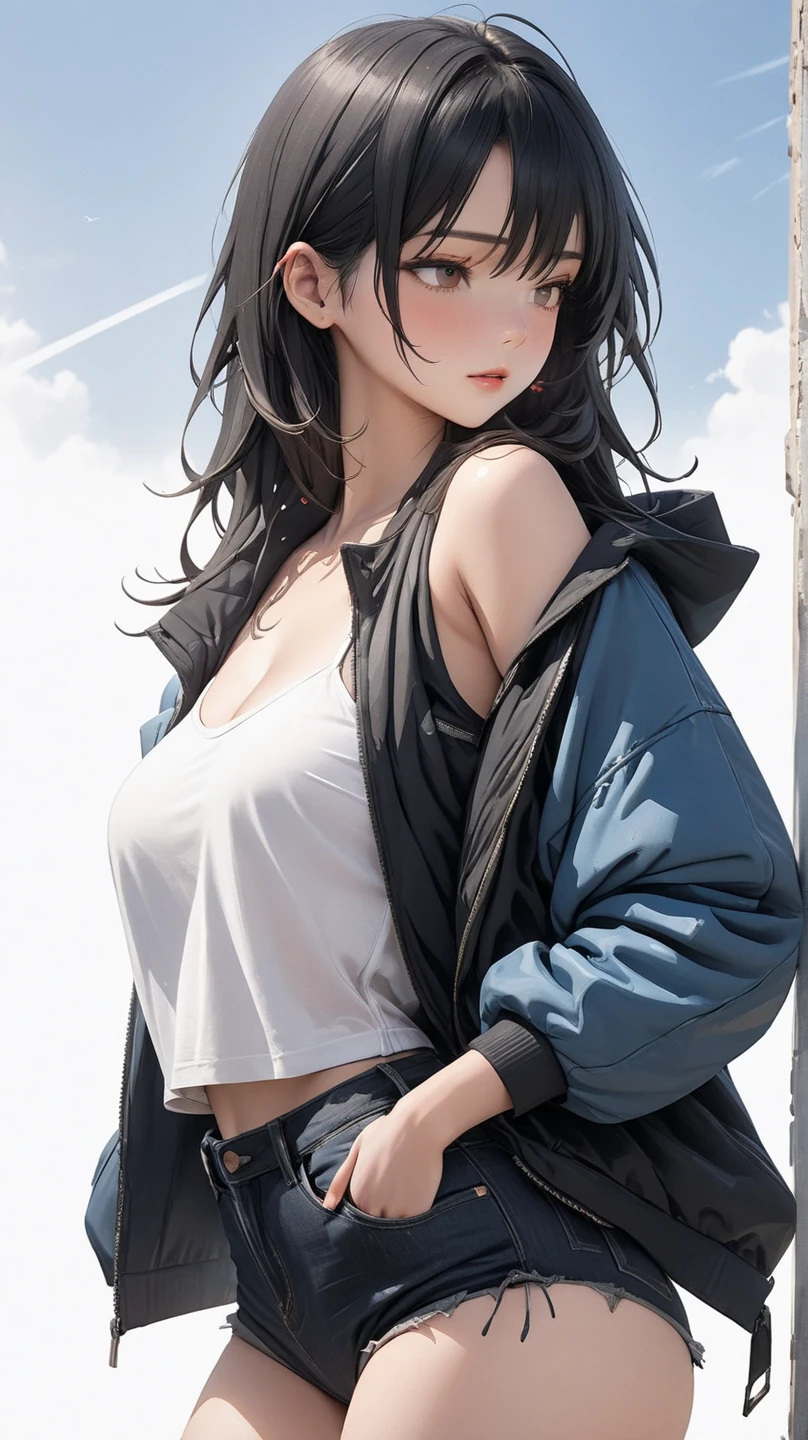 (masterpiece, best quality:1.2), 1 girl, alone , ???? , blue  jaket , cutoff-jeans , (cowboy shot) , black hair ,  white top