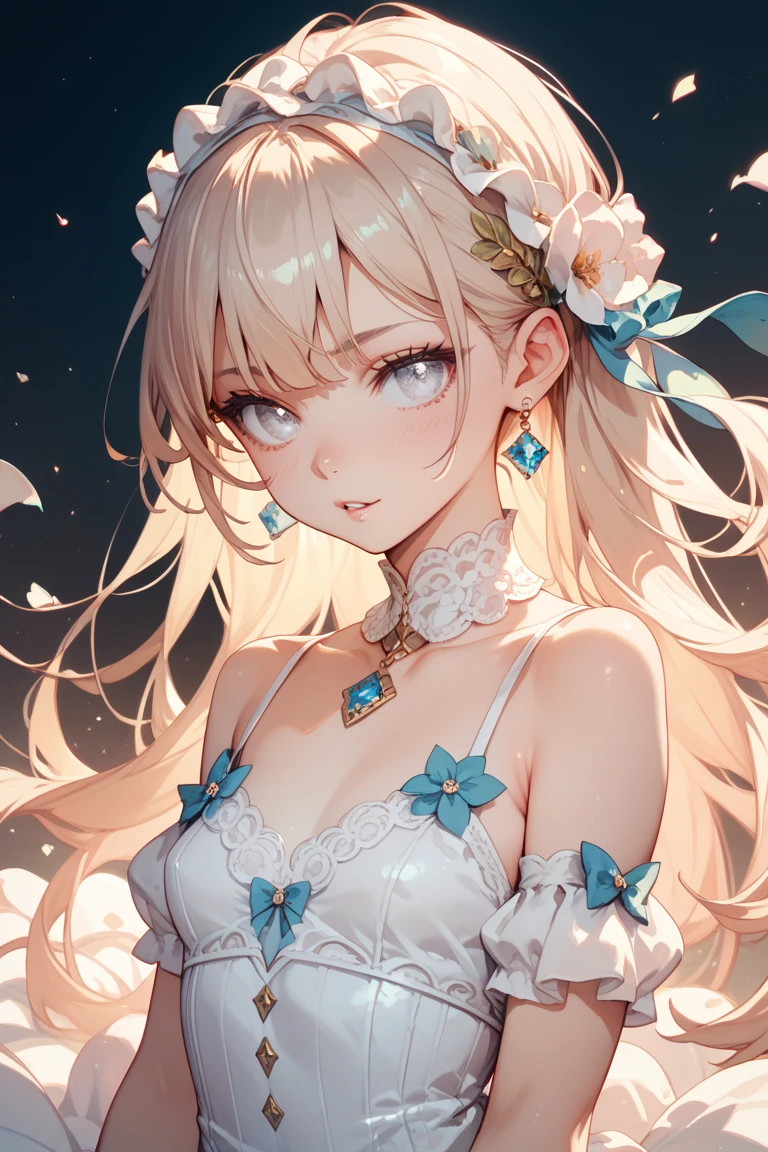 1 person、mature、Ample breasts、Long Hair、Emerald green eyes、dress、Shoulder Bare、gem、necklace、Earrings、bracelet、Lace fabric、prism、Globe algae、Globe algaeの妖精、lake、Natural light、Pink Flower、Butterflies fluttering、High resolution、Highest quality