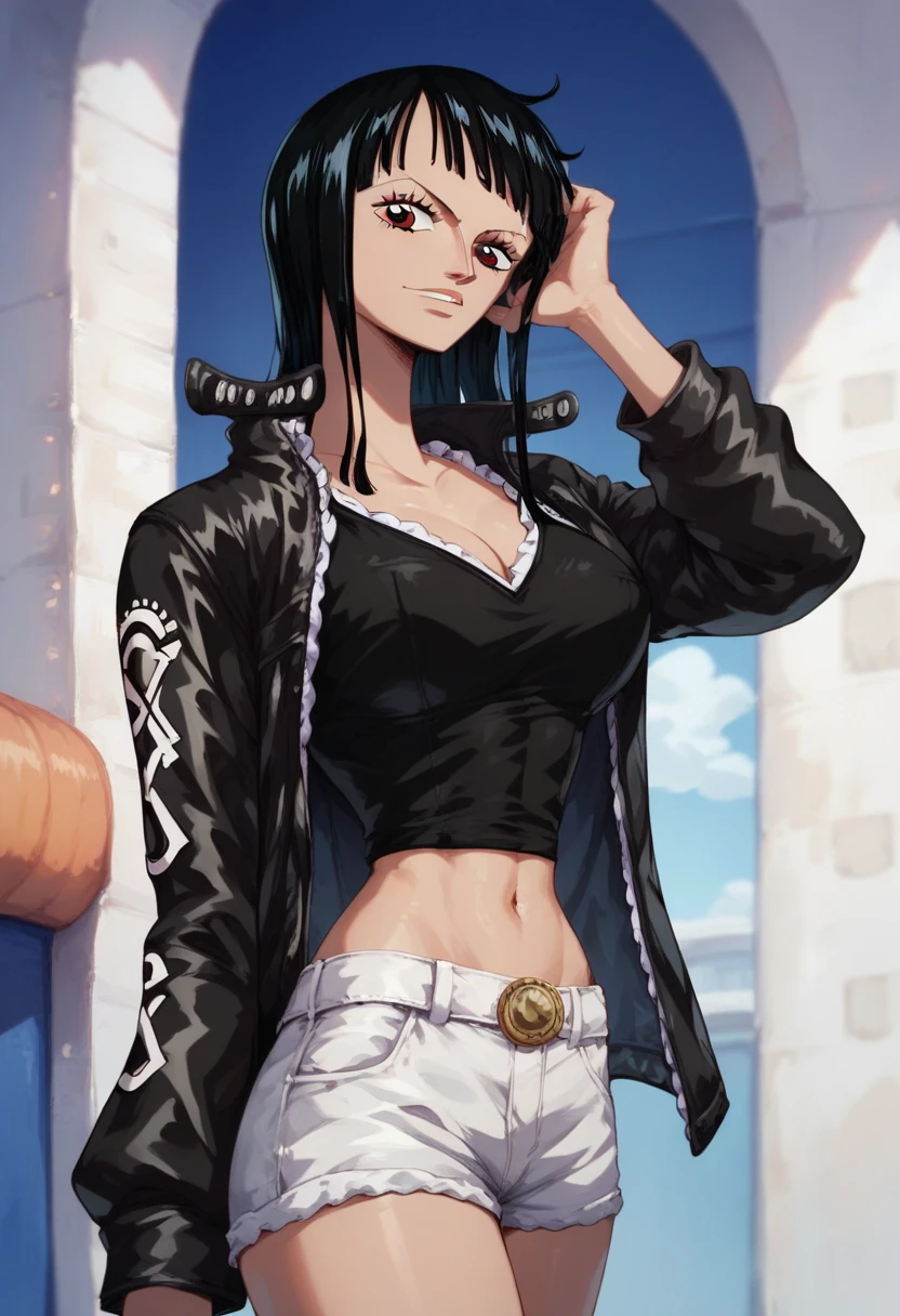 melhor qualidade, Woman with curt black hair, camiseta preta comprida capa preta seios pequenos, cinto preto olhos vermelhos brilhantes, cabelo preto, colar, Pose fofa, black collar high black pants, expression with a smile at the corner of his mouth, pose de lado, batom vermelho na boca, majo, dentro de um navio, em alto mar, mar atras, Olhos vermelhos, cabelo comprido pretos, olhos vermelhos brilhantes, pirata, navio de pirata, Pose para foto, com uma katana, encarada mortal, colar, bracelete, usando oculos de arqueologa, boa hancok Cobra amarela pose feliz cabelo curto