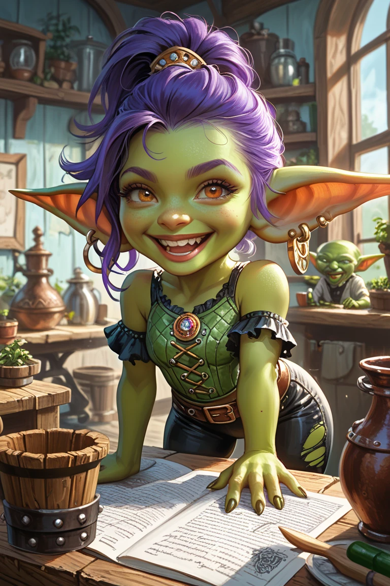 goblin, shortstack , (chibi:0.5) ponytails, green skin, medium breasts,  drunk,  (sharp teeth:0.5), maniacal laughter, blush, 
a beautiful woman in a fantasy tavern,  cheering, sitting, feet up, [black hair|black hair|blue hair],  [(grey eyes:0.8):5], 
leather armor, shoulder armor, leather boots, cleavage
legs spread, 
BREAK
looking at viewer, seductive smile, 
score_9, score_8_up, score_7_up, score_6_up, score_5_up, score_4_up,hearthstonestyle,
ultra realistic, (high quality, detailed, beautiful), detailed beautiful eyes, realistic, outstanding,
 <lora:PonyXL Style  Hearthstone:0.7>    <lora:crowd_notrigger:1> <lora:maniacal_laughter:2>