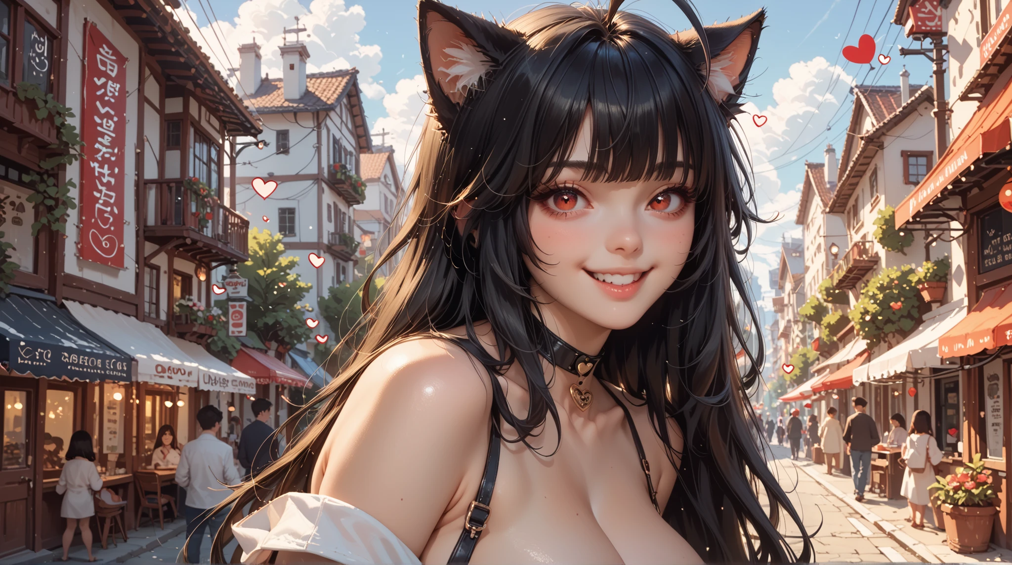 1 girl, ,(((cat girl, cat ears)), (red eyes), (long hair), (( black hair, (Ahoge), straight bangs,)), , Empanadas, smile, Big breasts, Cover nipples in the shape of hearts , axila