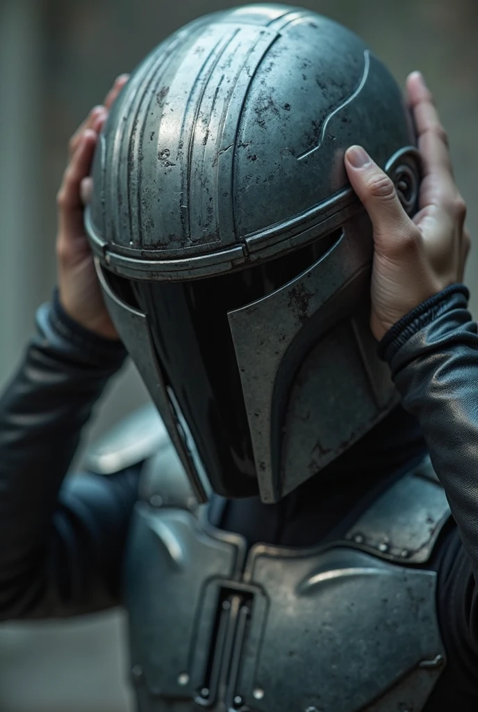 Zoom emphasis on the helmet being placed
