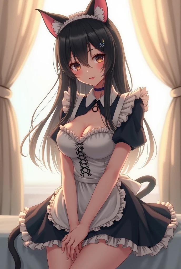 beautiful,(Sexy),Elegant women,Mature,big eyes,Long hair,Summer,Cat ear,cute,Maid costume,Tail,In the bedroom