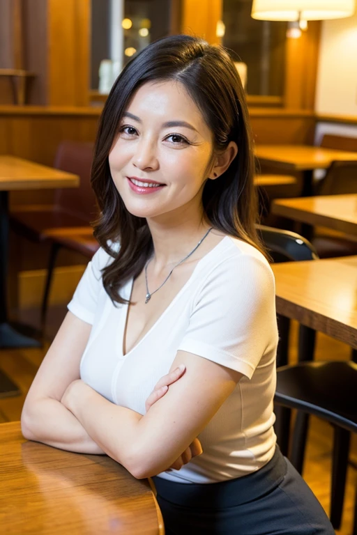 Mature attractive sexy woman,50 years old, Shut,((Big Breasts:1.0)),(Facial wrinkles:1.3),light makeup,Light brown hair、Standing Alone、A good attitude、((Full body photography:0.85)),8k, RAW Photos, highest quality, Laughter,masterpiece,highest quality、A gentle smile、A gaze that seduces viewers、Scrunchies in a ponytail、Inside the family restaurant、Knitted sweater、denim、Sweaty skin、Silver-rimmed glasses、