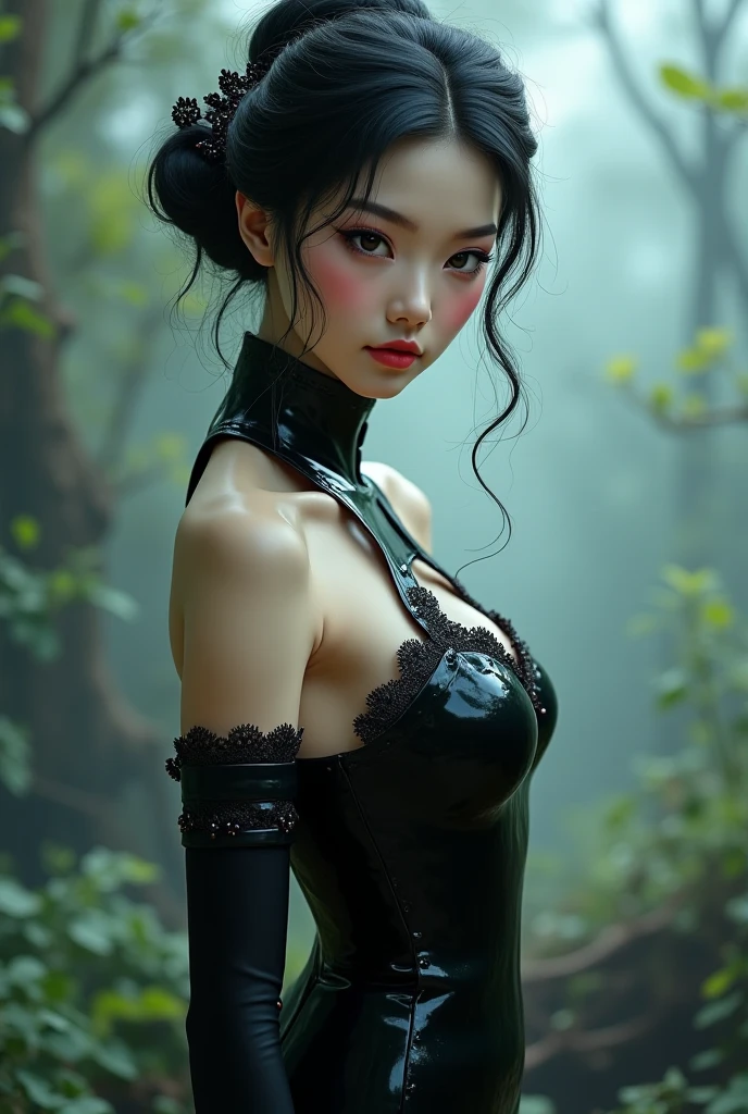 oriental, gothic woman, big boobs, pretty face, black hair, sexy expression, wet body, diving in a river