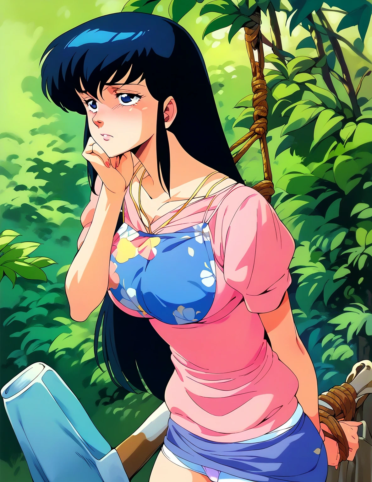 kyoko,score_9,score_8_upper,score_7_upper,sauce_アニメ,One girl,alone,Good、Panties、In underwear、Sad face、downpour、soaked、in the forest、stand、to be tied up、bondage、Bold Pose、pubic hair、Torn clothing、