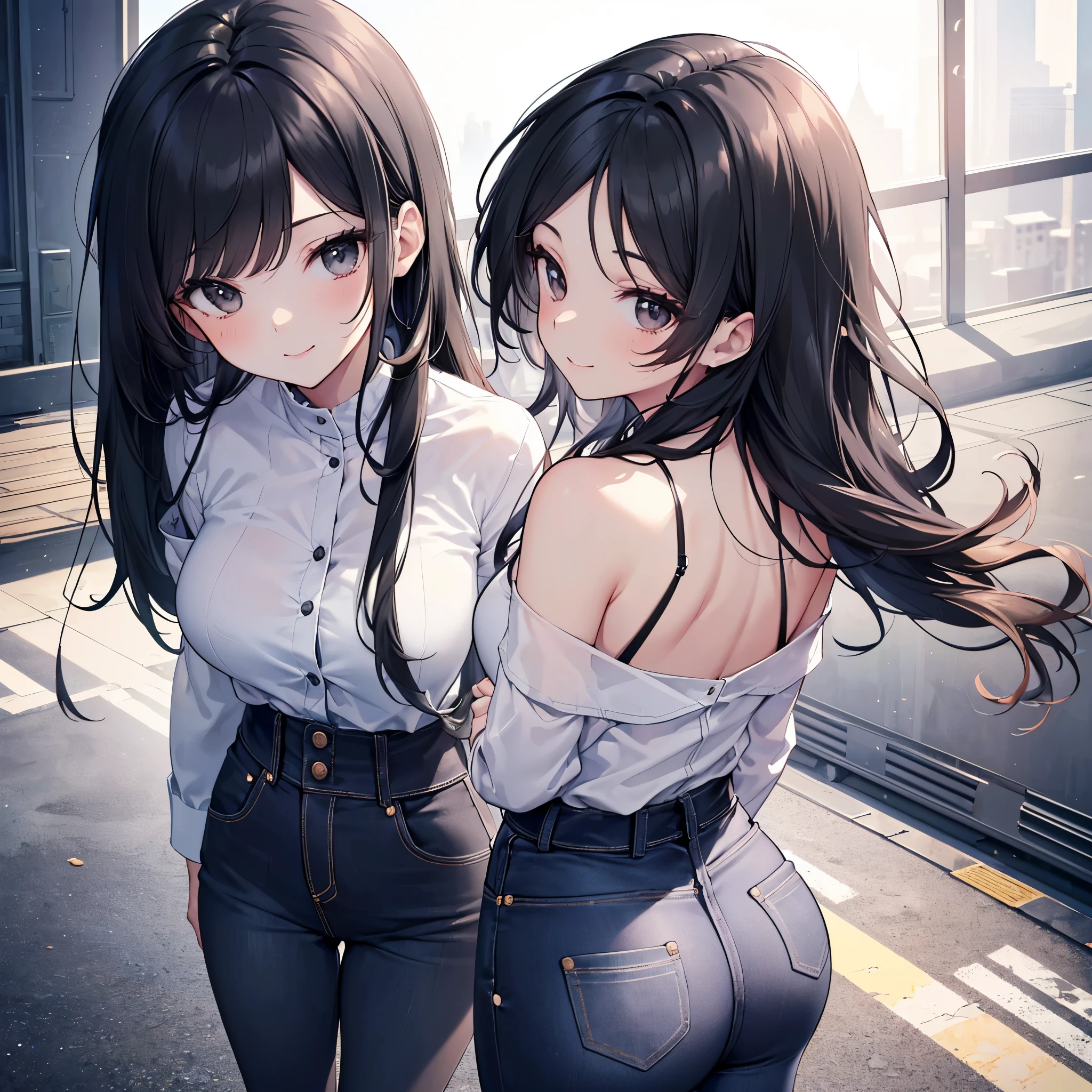 Accentuate your butt、smile、Shibuya、squat、Black Hair、denim、evening