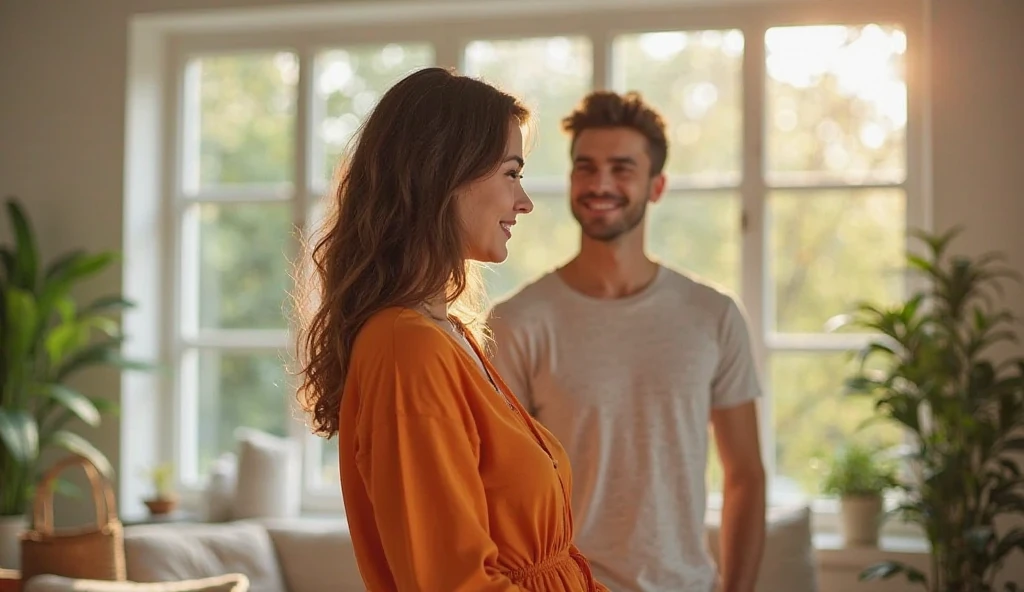 Happy married couple looking at the place where they can locate a product with dimensions of 189 cm in height