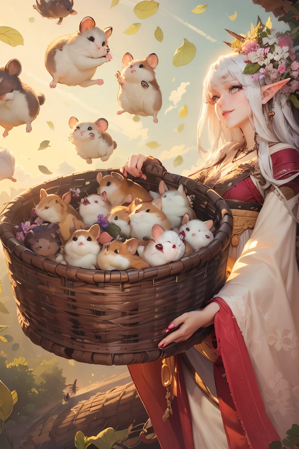 (Ultra-detailed face, Looking away, Gothic Illustration, Dark tone colors. She has five fingers on her hands and five toes on her feet.), BREAK
(It is a spring afternoon when the sun shines brightly. A path leads up a gently sloping hill.), BREAK
(A female dark elf dancer holds a basket full of hamsters in one hand and a large wicker basket at her elbow, gently tossing them up into the sky with one hand. All around, hamsters are flying, running, lying down, and dancing.), BREAK
(She has pure white hair, pure white eyebrows, blunt bangs, very long, windswept, waist-length hair, small pink lips, lavender eyes, dark purple skin, and thick eyeliner. She smiles smugly.), (She is wearing a medieval European-style bohemian lace-up dress with cherry blossom embroidery, a cherry-colored lace ribbon tie, and cherry-colored laced sandals.)