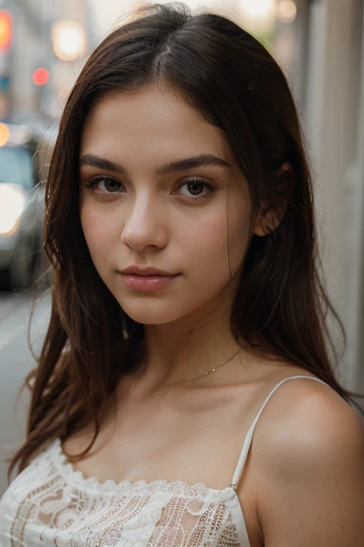 ((melhor qualidade)), ((obra de arte)), (detalhado), rosto perfeito Foto de uma mulher morena de 20 anos., que tem um rosto muito natural, thin lips, Olhos Finos, sobrancelhas finas, nariz fino, Brincos, long eyelashes. She takes a cute selfie in a cafe.