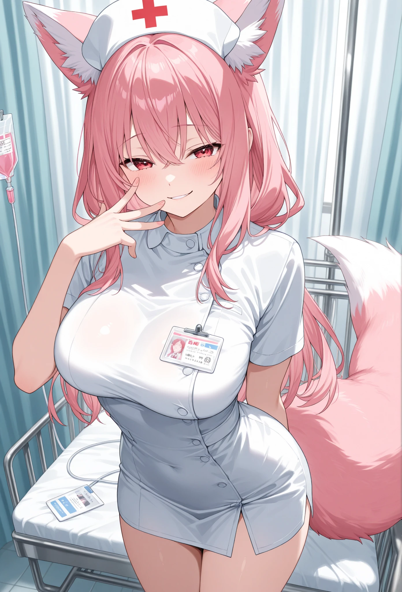 1girl,solo,see-through, transparent clothes,
large breasts, very long hair ,cleavage, breasts out,
standing, hand on hip, red gloves,pink high heels, blush, nurse, thighs, pink thighhighs,
pink hair, twintails, (pink fox ears , fox tail:1.2) , nurse cap, hat,aged down, smug,open mouth, half-closed eyes, red eyes, glowing eyes,
indoors, bedroom,