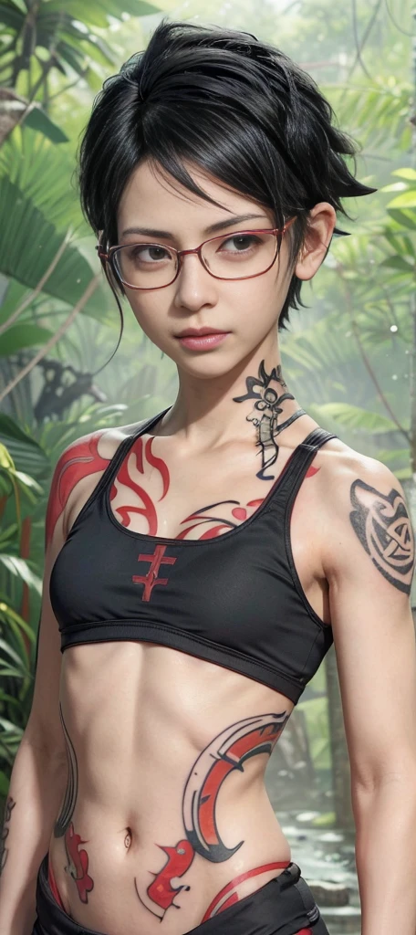 masterpiece, best quality, (realistic,photo-realistic:1.4), (RAW photo:1.2), extremely detailed CG unity 8k wallpaper, delicate and beautiful, amazing,finely detail, official art, absurdres, incredibly absurdres, huge filesize, ultra-detailed,extremely detailed eyes and face,light on face,(little smile),makinami Mari,(brown hair:1.4),(long hair:1.4),nature,(medium chest:1.4),(nude:1.5),nature,(tribal bodypainting:1.5),(hairbad:1.5),(wearing glasses:1.5),parted bangs
