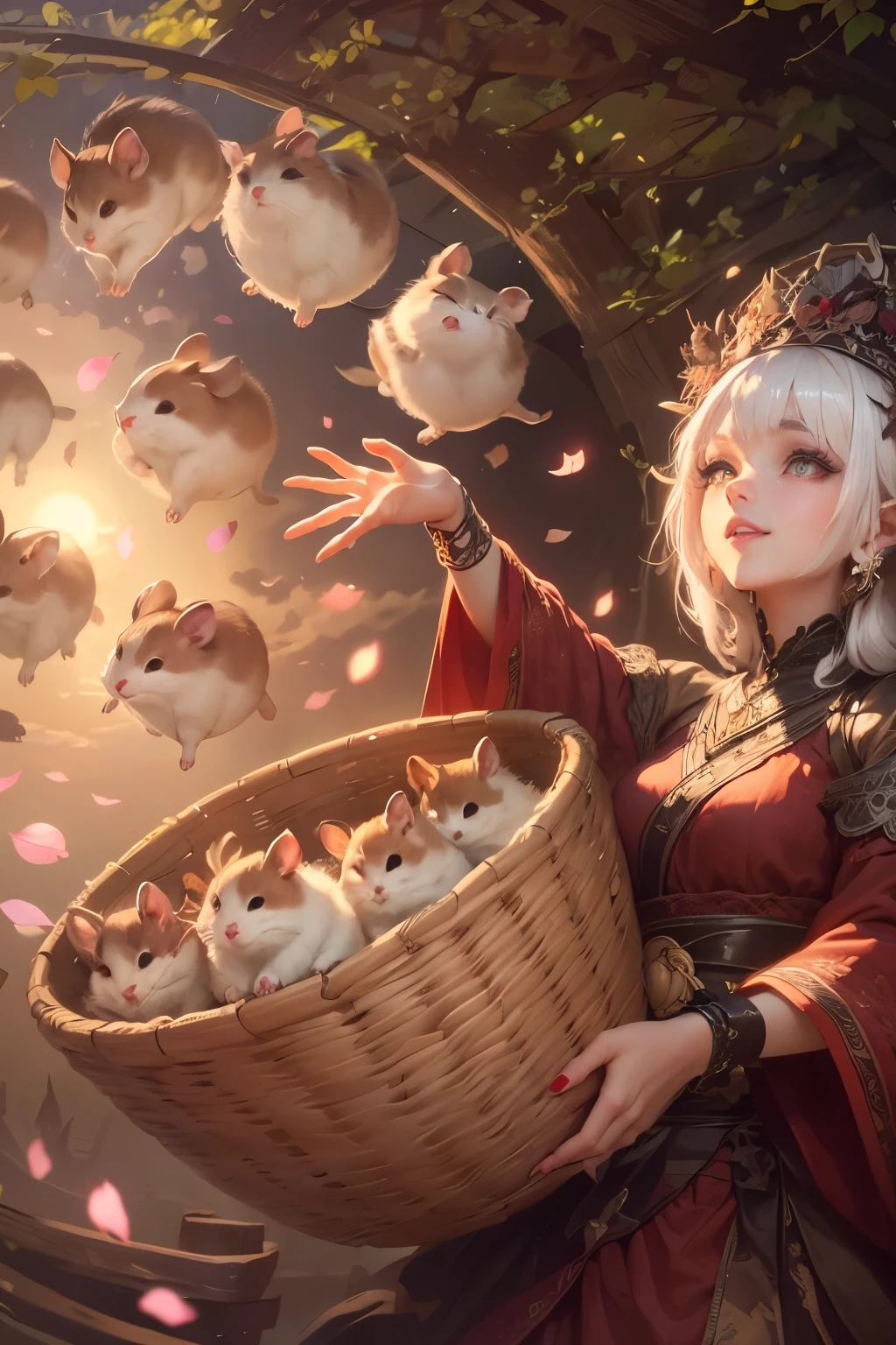 (Ultra-detailed face, Looking away, Gothic Illustration, Dark tone colors. She has five fingers on her hands and five toes on her feet.), BREAK
(It is a spring afternoon when the sun shines brightly. A path leads up a gently sloping hill.), BREAK
(A female dark elf dancer holds a basket full of hamsters in one hand and a large wicker basket at her elbow, gently tossing them up into the sky with one hand. All around, hamsters are flying, running, lying down, and dancing.), BREAK
(She has pure white hair, pure white eyebrows, blunt bangs, very long, windswept, waist-length hair, small pink lips, lavender eyes, dark purple skin, and thick eyeliner. She smiles smugly.), (She is wearing a medieval European-style bohemian lace-up dress with cherry blossom embroidery, a cherry-colored lace ribbon tie, and cherry-colored laced sandals.)