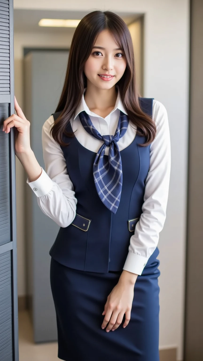 Ulchan-6500-v1.1, (RAW photo:1.2), (Photoreal), (genuine:1.4), 1with a girl、very cute girl、21 years old、game_nffsw, ((super realistic pantyhose:1.3)), ダークブラウンのeye(eye), smile of shame、Plaid vest、skirt and thighs、Sitting on the bed in the bedroom、curly hair、realistic skin texture、shiny skin、exposed thighs!!! , compensate、 Don't wear shoes, (toes)、(Business service)、(very affectionate smile:1.2)、