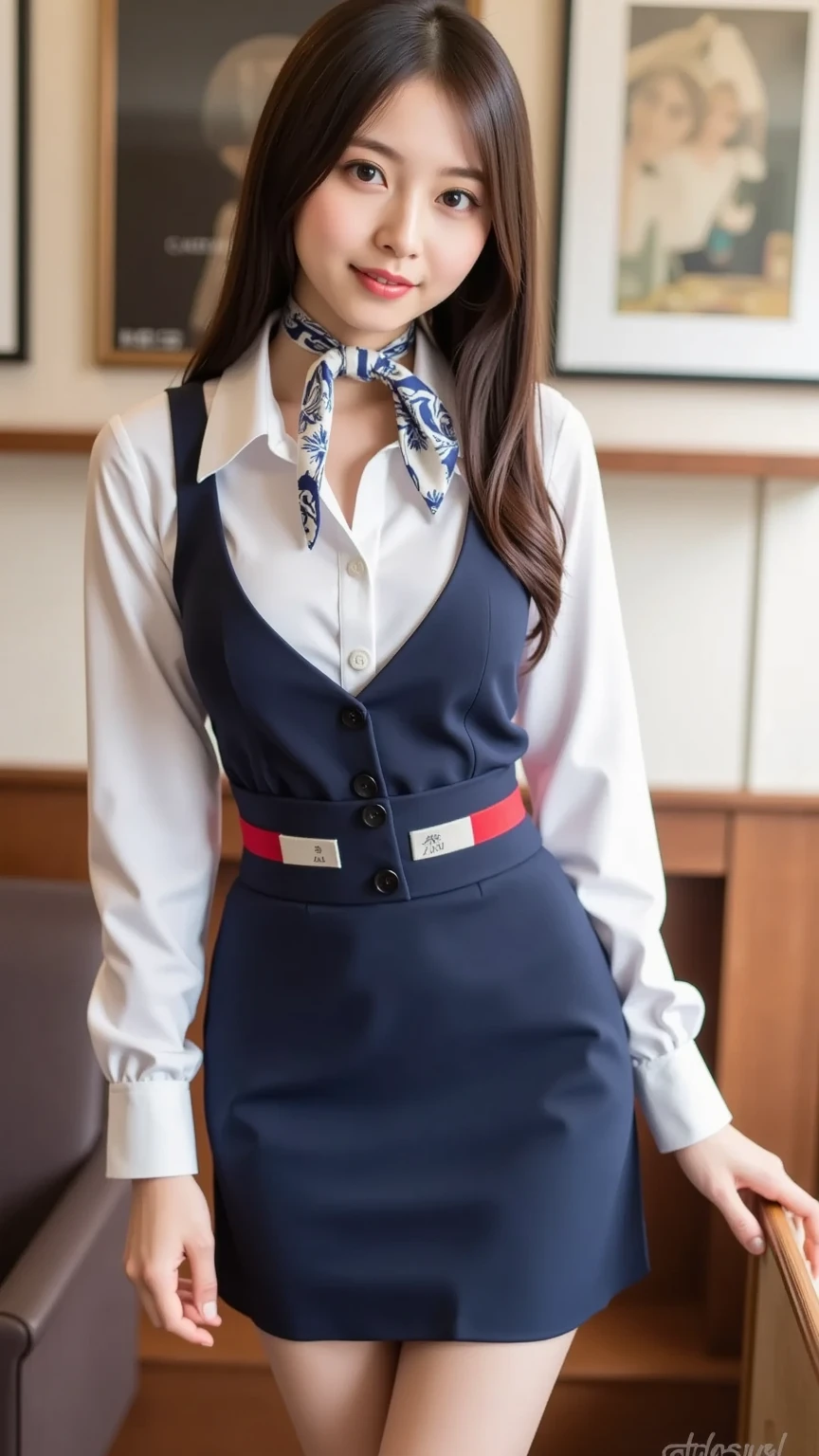 ((飛行機内ビジネスクラスのflight attendant席))、18-year-old、beauty、flight attendant、Cabin attendant、stewardess、Excellent style、Short Bob、straight、Brown Hair、(Captivating big boobs:1.3)、(Moisturizing lips:1.5)、(((Realistic uniforms)))、Stylish striped square scarf、Tight-fitting uniform、(The Absolute Realm of Enchantion)、(Fine hand:1.3)、(Detailed face)、(Perfect Anatomy)、(Brighten the shadow contrast)、(Professional Cinema Lighting)、(Facial lighting)、(Hmph++:1.10)、(Ultra-high resolution)、(highest quality)、(Improvement of quality)、(Very detailed)、(Accurate Color)、(Photorealistic)、(Looking at the camera:1.5)