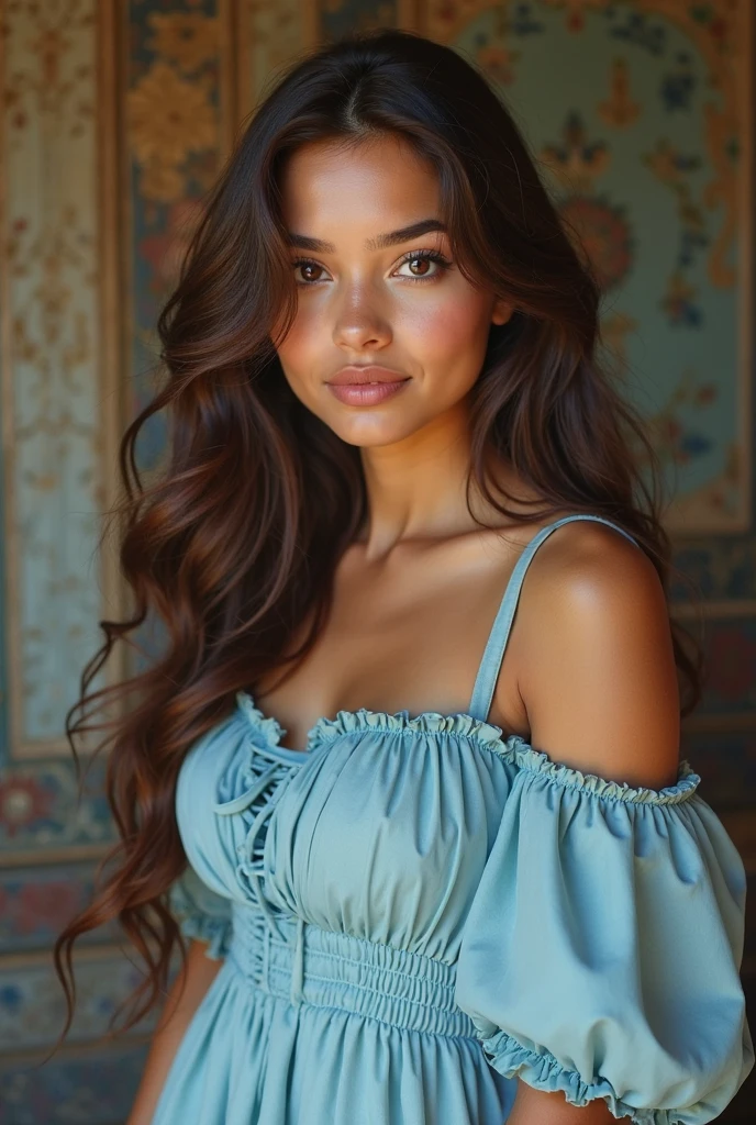 femme de 25ans, long brown slightly curly hair , yeux bleus , visage parfait , professional makeup as a model ,tenue basique, dans un restaurant