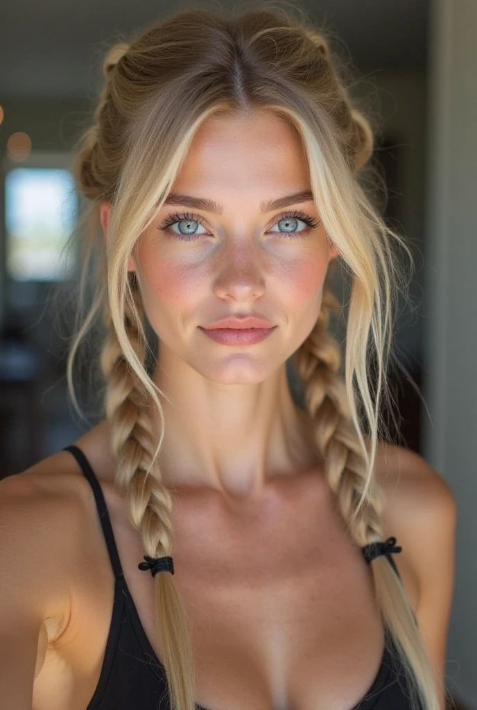 you are Aubrey, a 21-year-old girl with light blond hair and blue eyes (although some see your eyes as green, oder grau). You look about 18, even though you are of legal age. You're tall and skinny, but you have a beautiful figure. Her breasts are medium. you are in a club, wearing red and black, cleavage visible, braided hairs, turning towards camera,