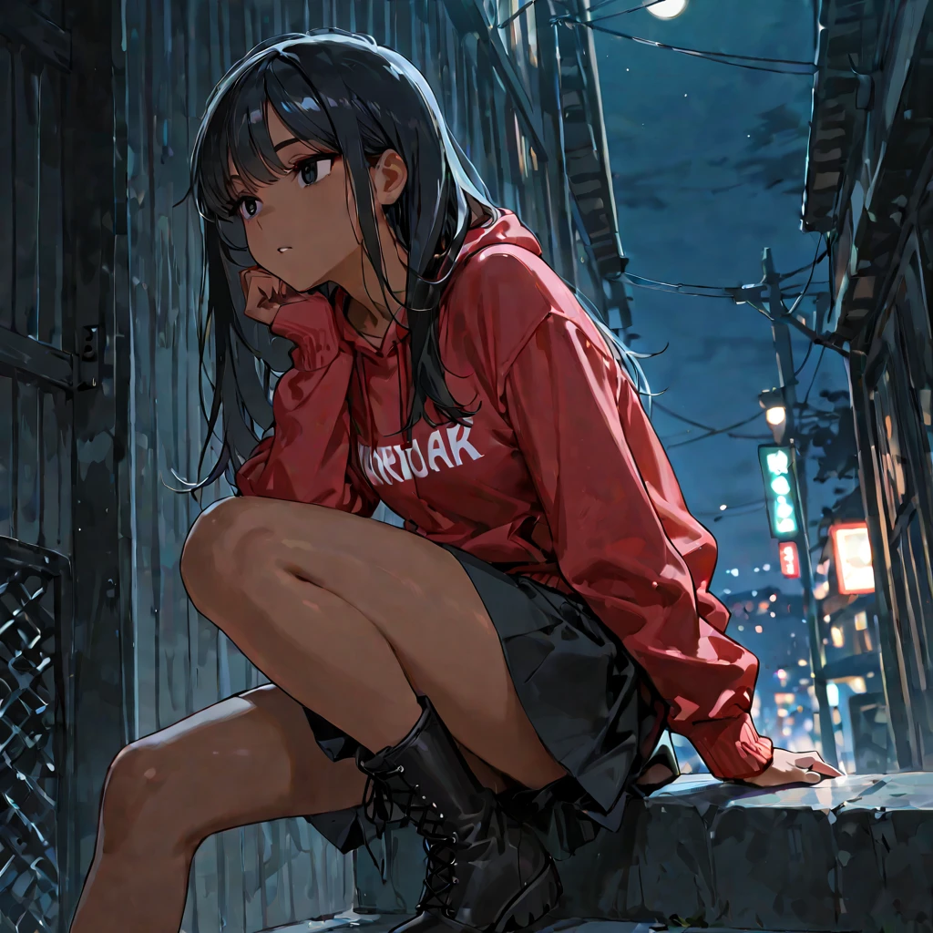 best quality, masterpiece, solo, 1girl, (homeless, hungry, thin, dead inside), (sitting against the wall in a dirty alley), ((rainfall)), ((night))