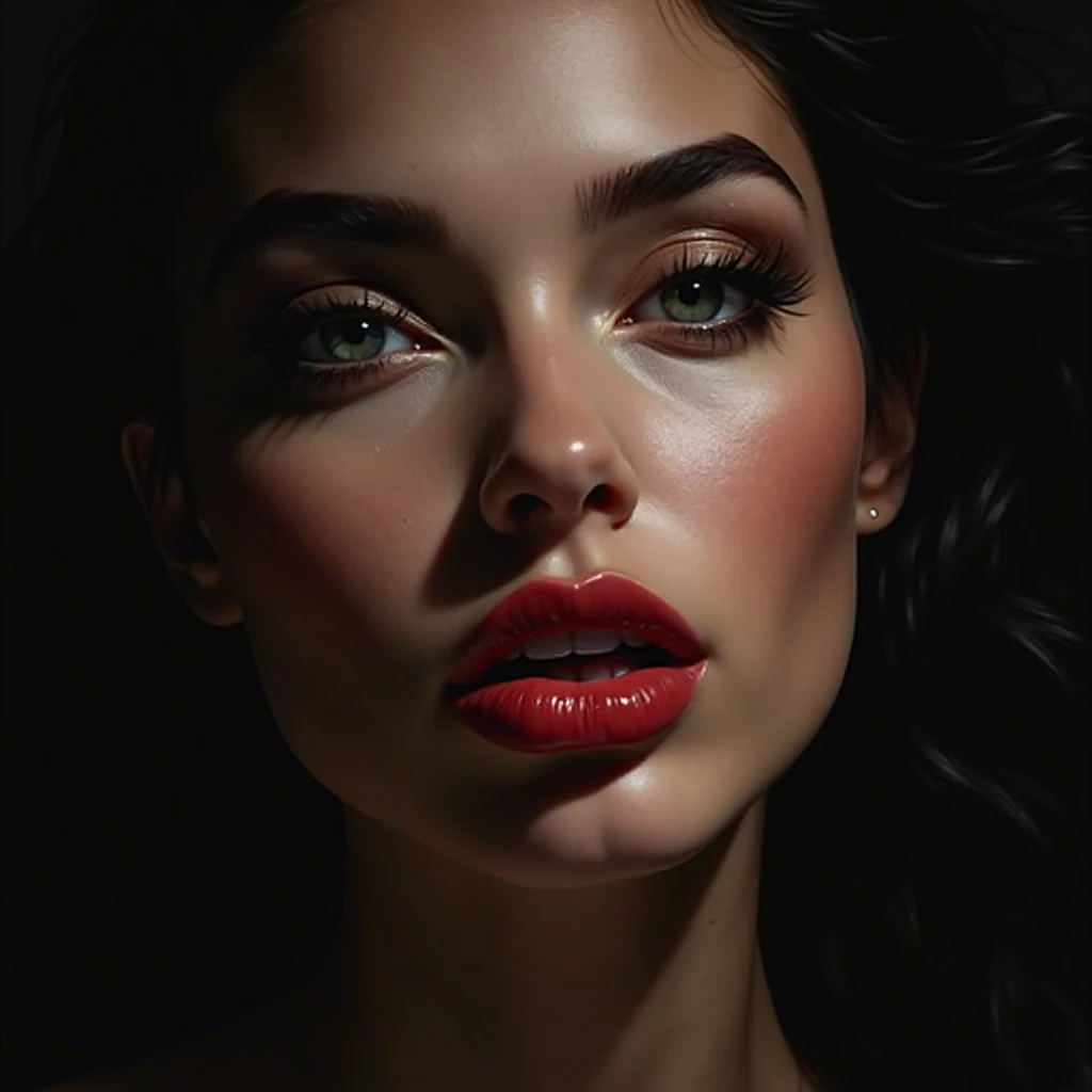 a femme fatale with long flowing hair, realistic, (best quality,4k,8k,highres,masterpiece:1.2),ultra-detailed,(realistic,photorealistic,photo-realistic:1.37),HDR,UHD,studio lighting,ultra-fine painting,sharp focus,physically-based rendering,extreme detail description,professional,vivid colors,bokeh,detailed eyes,beautiful detailed lips,extremely detailed face,long eyelashes,elegant,mysterious,seductive,captivating gaze,dramatic lighting,cinematic,chiaroscuro,moody,dark,alluring