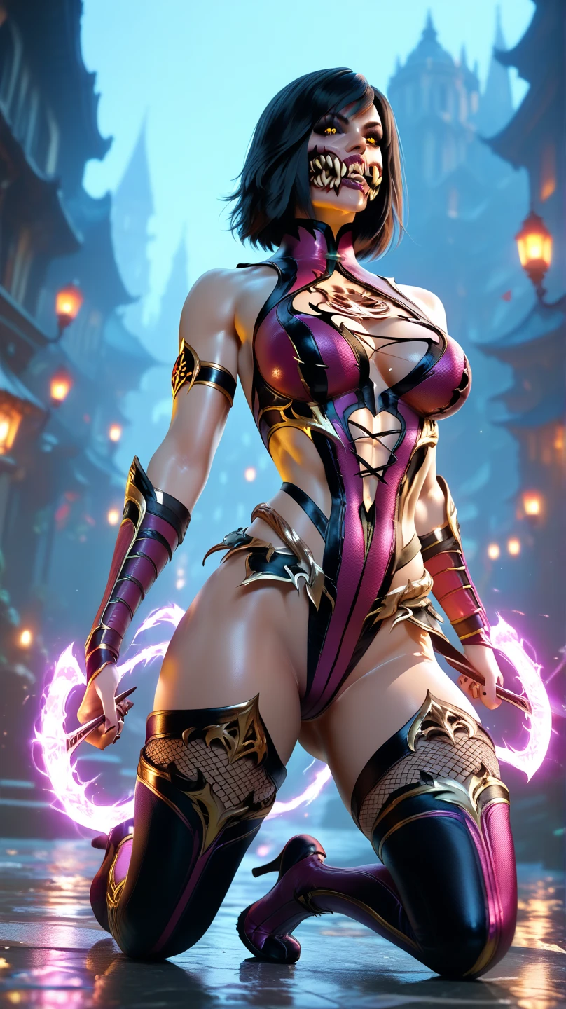 1girll，Gorgeous Hair in Long Purple，Purple jumpsuit，Tattooed with，There is a red string around the waist，Purple boots，Thigh leg rings，Left-handed katana，The right hand releases a purple energy glow，Hands full breasts, Convex buttocks, city ruins，holy rays，A desert，Detailed background, Clothing details, perfectly proportioned, filmgrain, Fuji colors, lightand shade contrast, tmasterpiece, high detal, high qulity, A high resolution, Cinematic lighting, 8K, Textured skin, Super detail