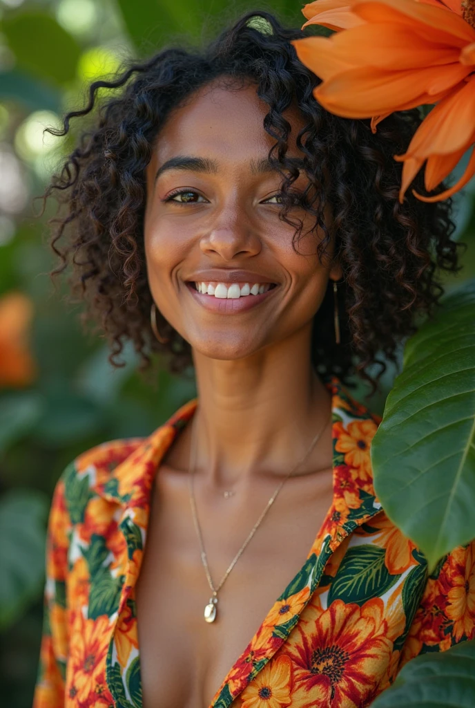 A Brazilian woman in a lush tropical garden, wearing an open shirt with a floral print, with a close-up capturing the harmonious beauty between her breasts and the natural flowers, showing off your natural charm and outgoing personality.